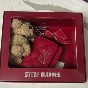 Steve Madden Red Quilted Keychain Set with Plush Bear